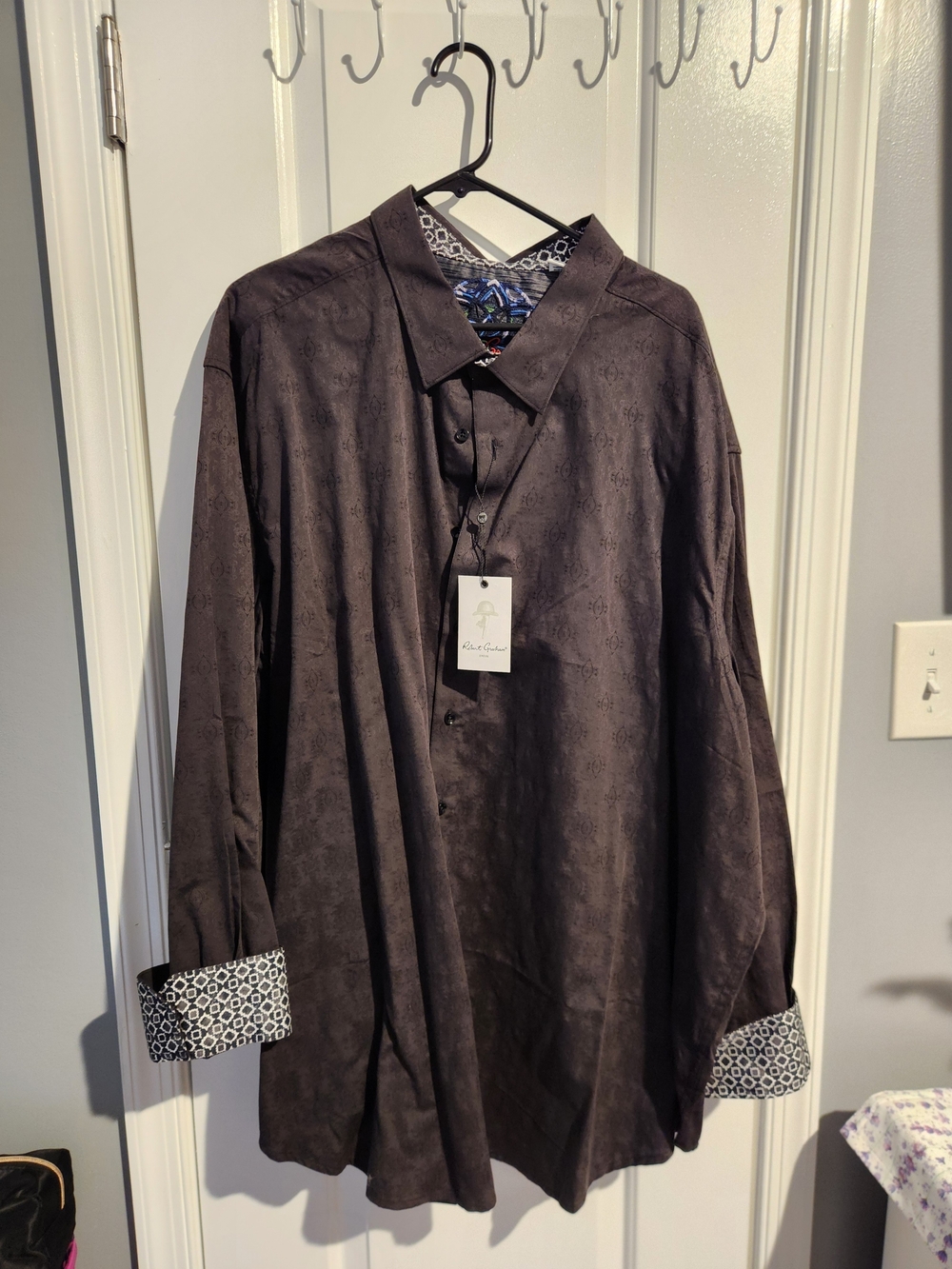Robert Graham Dark Brown Button-Down Shirt with Patterned Cuffs